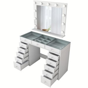 NORDVÄRK BJ118 makeup bord, m. spejl, lys, 13 skuffer - hvid melamin (120x44,5)