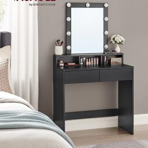 VASAGLE Toiletbord, LED-lys med justerbar lysstyrke, Makeup-bord med spejl, 2 skuffer og 3 rum, moderne, sort RDT114T16
