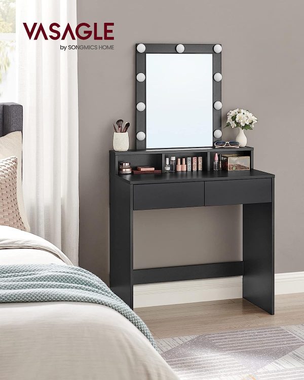VASAGLE Toiletbord, LED-lys med justerbar lysstyrke, Makeup-bord med spejl, 2 skuffer og 3 rum, moderne, sort RDT114T16