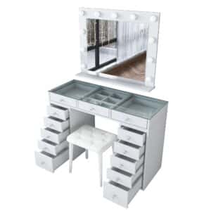 NORDVÄRK BJ156 3872 makeup bord, m. spejl, lys, 13 skuffer og skammel - hvid melamin (120x44,5)